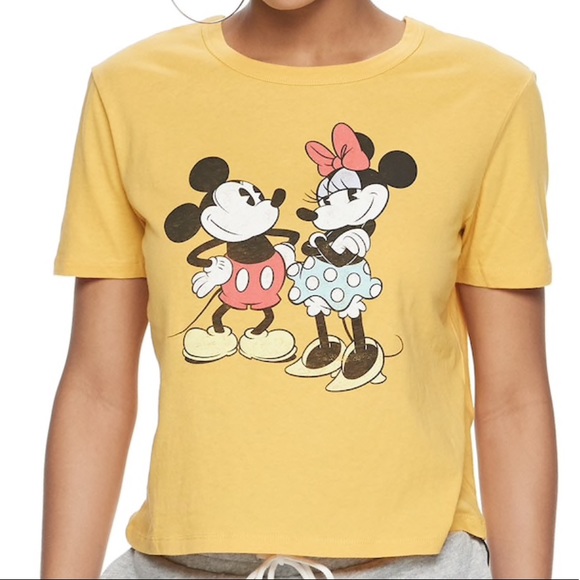 Disney Retro Mickey Minie Mouse Crop Crewneck T-Shirt - Picture 1 of 3